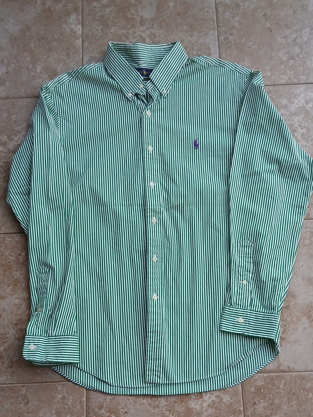Ralph Lauren Green and White Verticle Stripe Button-Down Slim Oxford Shirt